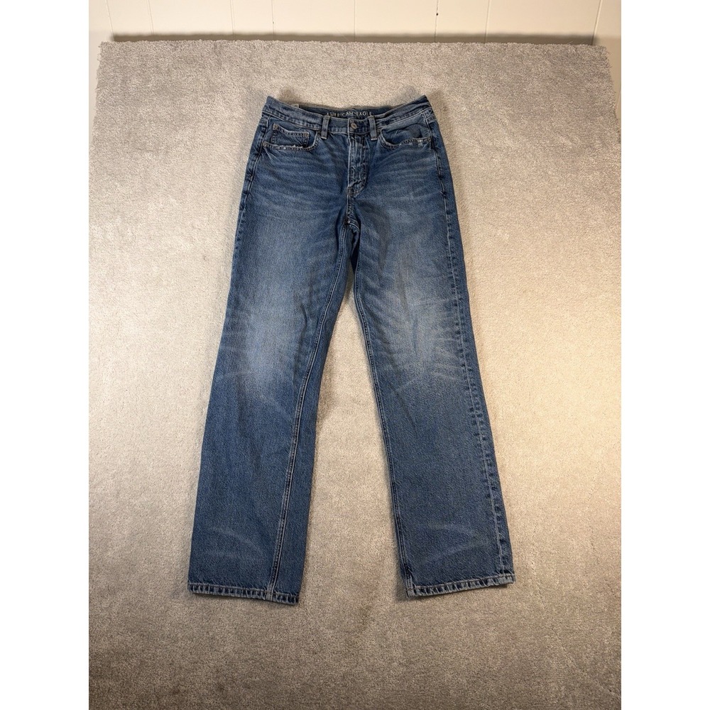 American Eagle Low Rise Baggy Straight Leg Jeans in Medium Blue Wash